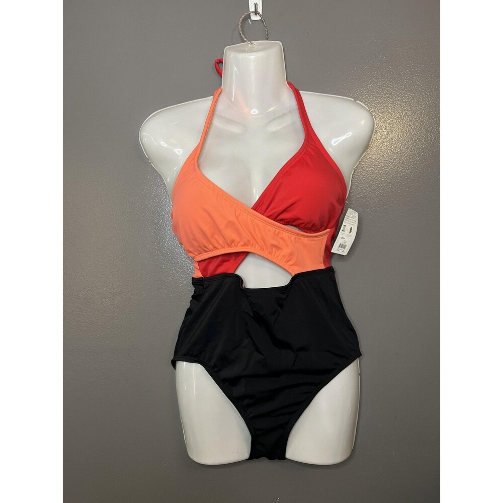 ECO BEACH Swimsuit Womens Small Multi Colorblock Wrap Front One Piece Halter